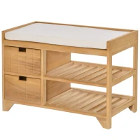 HOMCOM Wooden 2 Tier Shoe Storage Bench Rack Shelves Cushioned Seat  Entryway Hallway Organiser with 2 Drawers - Natural Wood Colour(m-10)
