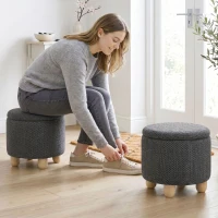 HOMCOM Storage Sitting Bench with Lid, Round Storage Ottoman with Rubberwood Legs, Dark Grey(m-8)