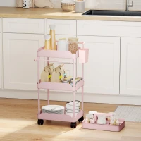 HOMCOM Carrito Auxiliar con Ruedas de 3 Niveles Carrito de Cocina con Cestas Extraíbles y Soporte para Toallas Rosa(m-10)