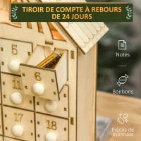 HOMCOM Calendrier de l'Avent à remplir en bois, décoration de Noël avec 24 tiroirs et 5 lumières LED, 26,6x6x30cm, bois naturel(m-5)