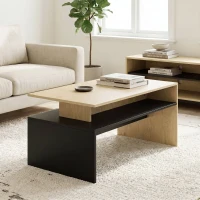 HOMCOM Table Basse Moderne Bicolore à Niveaux Décalés avec Étagère de Rangement, 95 x 55 x 50 cm, Bois Naturel et Noir(m-7)