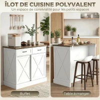 HOMCOM Îlot central cuisine, buffet cuisine, meuble de rangement avec 2 tiroirs 2 portes coulissantes, étagère réglable, blanc(m-4)