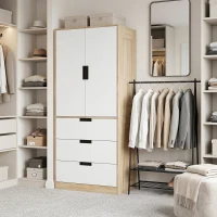 HOMCOM Modern Clothes Storage Cupboard Unit, 3 Drawer 2 Door Wardrobe with Hanging Rod, Oak(m-9)