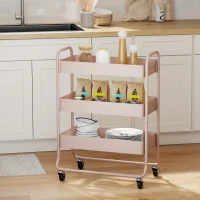 HOMCOM 3-Tier Storage Trolley on Wheels, Rolling Utility Cart with Mesh Backets for Kitchen, Bathroom, Bedroom, Light Pink(m-10)