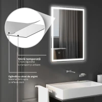 HOMCOM Oglindă pentru baie LED. Buton tactil, funcție anticeață, 60 x 80 x 4 cm, Alb(m-5)