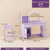 AIYAPLAY Kids Vanity Table and Chair Set, Kids Vanity Table with 2-Colour LED Mirror, Stool, Cabinet, Drawer, Shelves, Purple(m-3)