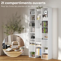 HOMCOM Bibliothèque, étagère à livres, étagère de rangement, 21 compartiments et 10 étagères réglables, 89,5x23,5x181cm, blanc(m-4)