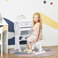 HOMCOM Piano Electrónico Infantil de 37 Teclas Juego de Piano con Modelo Pedagógico Micrófono Taburete Luces y 22 Canciones USB/MP3/Bluetooth Karaoke 53,5x27x63 cm Blanco(m-2)