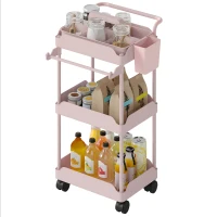 HOMCOM Carrito Auxiliar con Ruedas de 3 Niveles Carrito de Cocina con Cestas Extraíbles y Soporte para Toallas Rosa(m-11)