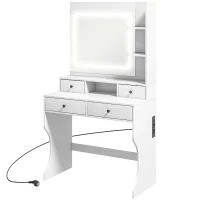 HOMCOM Toeletta Trucco con Luci LED 3 Tonalità e Specchio, Prese USB, 4 Cassetti e Mensole, 90x45x160cm, Bianco(m-1)
