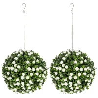 HOMCOM Set of 2 Decorative Artificial Plants, UV-protected Artificial Plant Topiary Rose Balls, Fake Plants for Home Indoor outdoor Decor, 28cm, White(m-10)