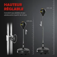 HOMCOM Punching ball sur pied réglable hauteur 133 -151 cm, sac de frappe sur pied 2 gants base lesté 45 x 45 x 133-151 cm noir(m-4)