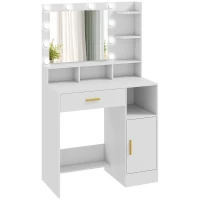 HOMCOM Coiffeuse avec miroir et 10 lumières LED, luminosité réglable, tiroir, placard et étagères ouvertes, 80x40x135cm, blanc(m-1)