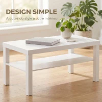 HOMCOM Table basse de salon, table d'appoint rectangulaire à 2 niveaux avec étagère de rangement, 90x45x44,5cm, blanc(m-6)
