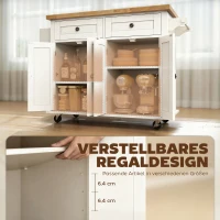 HOMCOM Küchenschrank, Servierwagen, Kücheninsel mit Rollen, Küchenwagen, Küchenregal mit Schublade und verstellbares Regal, Gummiholz, MDF, Spanplatte, Weiß, 111 x 44,5 x 82,5 cm(m-5)