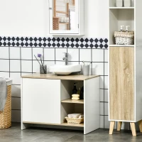 kleankin Mobile Bagno Sottolavabo con Armadietto e 2 Mensole in Legno, 77x45x60 cm, Bianco e Legno(m-10)