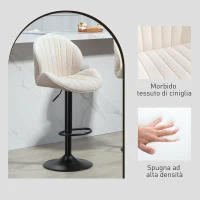 HOMCOM Set 2 Sgabelli da Bar a Conchiglia con Poggiapiedi, in Tessuto Effetto Ciniglia, 48x50x94-115 cm, Nero e Beige(m-7)