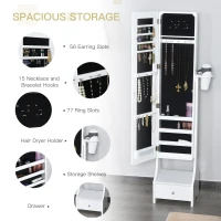 HOMCOM Jewellery Cabinet, Full Length Mirror with Storage, Free Standing Mirror with LED Lights, Hooks, Drawer and Hairdryer Holder for Bedroom, White(m-5)
