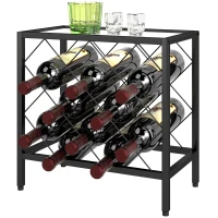 HOMCOM Suport pentru sticle de vin, 10 sticle, din oțel negru, cu blat din sticlă securizată, 41x22x41 cm(m-12)