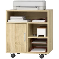 HOMCOM Support d'imprimante organiseur bureau caisson placard porte 3 niches + grand plateau panneaux particules bois naturel(m-13)