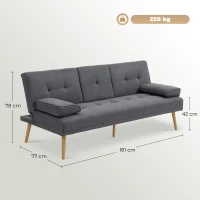HOMCOM Canapé convertible 3 places, canapé-lit rembourré avec dossier réglable 3 niveaux, 2 coussins et 2 porte-gobelets intégrés, tissu de lin, pour salon, chambre d'amis, petit espace, gris foncé(m-3)