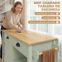 HOMCOM Isla de Cocina con Ruedas Tapa Abatible Especiero Estantes en la Puerta Armario 2 Cajones 117,5x70x91 cm Verde Claro(m-7)