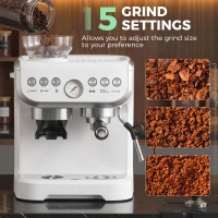 HOMCOM 15 Bar Coffee Machine, with Adjustable Grind, Steamer and Accessories - White(m-5)