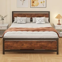 HOMCOM Cadre de lit double 200 x 160 cm en acier avec sommier et tête de lit compatible matelas aspect bois foncé(m-9)