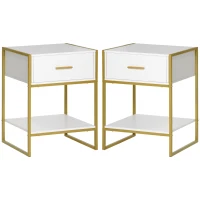HOMCOM Modern Bedside Table, Nightstand with Drawer Shelf, Side Table for Living room, Bedroom White and Gold, Set of 2(m-10)