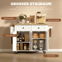 HOMCOM Küchenschrank, Servierwagen, Kücheninsel mit Rollen, Küchenwagen, Küchenregal mit Schublade und verstellbares Regal, Gummiholz, MDF, Spanplatte, Weiß, 111 x 44,5 x 82,5 cm(m-6)