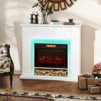 HOMCOM Chimenea Eléctrica Empotrable con Efecto de Llama 3D Tira de Luz LED RGB 1800W Temporizador Termostato Blanco(m-2)