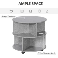 HOMCOM Round Coffee Table with Wheels, 3-Tier Rolling Side Table for Living Room with Divided Shelves, Cement Colour(m-4)