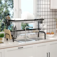 HOMCOM Abtropfgestell Geschirr, 2-stufiges Abtropfständer mit Haken, Tellerregal, Zubehör, 100 cm Stahl, Schwarz(m-10)
