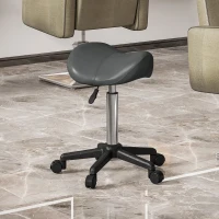 HOMCOM Sgabello Girevole a Sella con Ruote e Altezza Regolabile, Imbottito e Rivestito in Finta Pelle, Grigio(m-2)