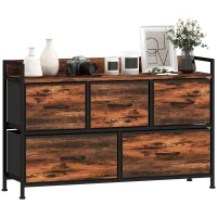 HOMCOM Commode, meuble de rangement avec 5 tiroirs en tissu pliables, plateau et cadre en acier, 98 x 29 x 63 cm, brun rustique(m-11)