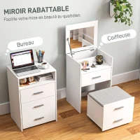 HOMCOM Coiffeuse avec miroir relevable et tabouret à roulettes, table de maquillage avec 2 tiroirs, coussin amovible, blanc(m-4)