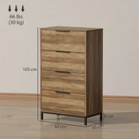 HOMCOM Cassettiera 4 Cassetti Antiribaltamento con Maniglie Nere, in Legno e Metallo, 62x35x105 cm, Marrone Chiaro(m-3)