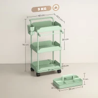 HOMCOM Carrito Auxiliar con Ruedas de 3 Niveles Carrito de Cocina con Cestas Extraíbles y Soporte para Toallas Verde(m-3)