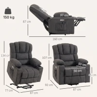 HOMCOM Sillón Relax Reclinable Eléctrico Levanta Personas Masaje Vibratorio y Calor Asiento Ancho USB-C USB-A Bolsillos Negro(m-3)