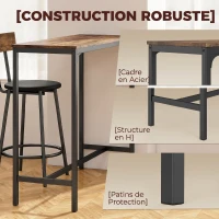 HOMCOM Ensemble Table de Bar avec 2 Tabourets, Table Haute de Cuisine et 2 Chaises de Bar Rembourrées PU, Repose-Pieds, Marron(m-7)