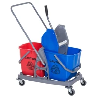 HOMCOM Carro de Limpieza Profesional Carro de Fregado de Metal con 2 Cubos de 25 Litros Extraíbles Escurridor Prensa Manual y 4 Ruedas 73x45x92 cm Rojo y Azul(m-12)