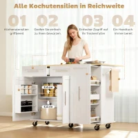 HOMCOM Fahrbare Kücheninsel, erweiterbare Oberfläche, Schranktüren, Schubladen, Handtuchhalter, Küchenwagen aus MDF, Weiß(m-4)