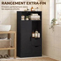 HOMCOM Meuble de salle de bain, meuble de rangement étroit avec 2 tiroirs, compartiments ouverts, 50x25x100cm, noir(m-6)