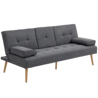 HOMCOM Canapé convertible 3 places, canapé-lit rembourré avec dossier réglable 3 niveaux, 2 coussins et 2 porte-gobelets intégrés, tissu de lin, pour salon, chambre d'amis, petit espace, gris foncé(m-12)