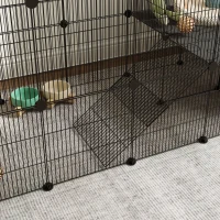 PawHut Enclos pour petits animaux, cage à lapin modulable 2 niveaux, 39 panneaux avec rampe, en acier, 140 x 70 x 105 cm, noir(m-11)