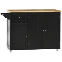 HOMCOM Isla de Cocina con Ruedas Carro de Cocina con Cajón Armarios con Estantes y Barra para Colgar 135x45x94,5cm Negro(m-1)