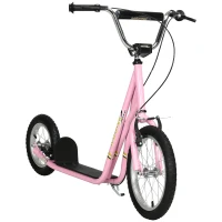 HOMCOM Trottinette patinette Enfant à partir de 5 Ans Grands pneus Guidon réglable poignées Freins et béquille Acier Rose(m-12)