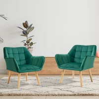 HOMCOM Accent Chair, Velvet Upholstered Vanity Tub Chair with Flared Armrests, Slanted Back, Solid Wood Legs, Comfy Padding Armchair, Home Bedroom Furniture Seating, Set of 2, Green(m-2)