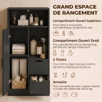 HOMCOM Meuble de salle de bain, meuble de rangement étroit avec 2 tiroirs, compartiments ouverts, 50x25x100cm, noir(m-4)
