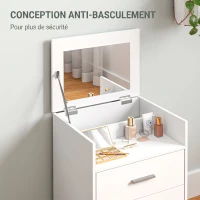 HOMCOM Coiffeuse avec miroir relevable et tabouret à roulettes, table de maquillage avec 2 tiroirs, coussin amovible, blanc(m-7)